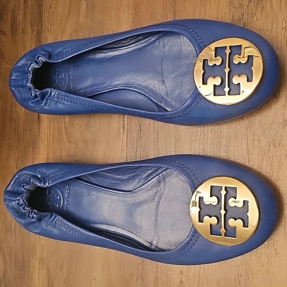 Tory Burch Royal Blue Mina Ballet Flats with Gold Logo